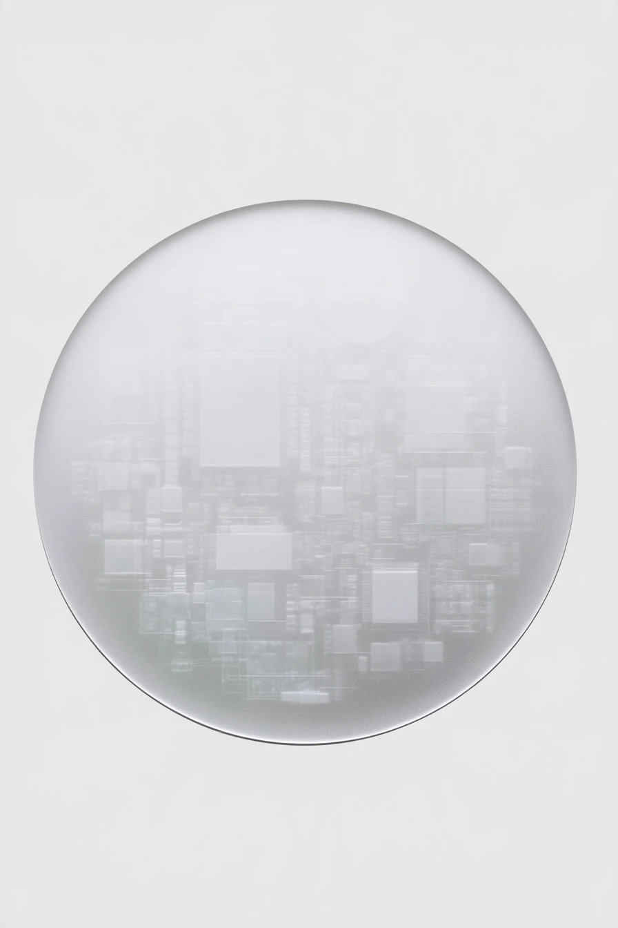 A translucent circular form revealing an electronic system beneath its surface.